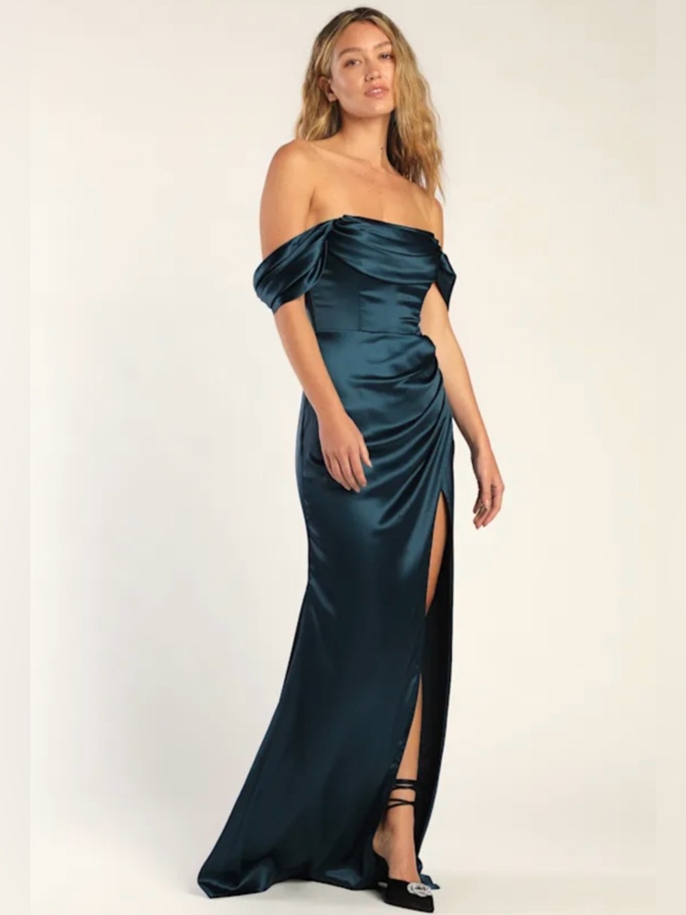 NWT Satin Dark Teal Off-Shoulder Front Leg Slit Formal Prom Dress Small - Picture 4 of 14